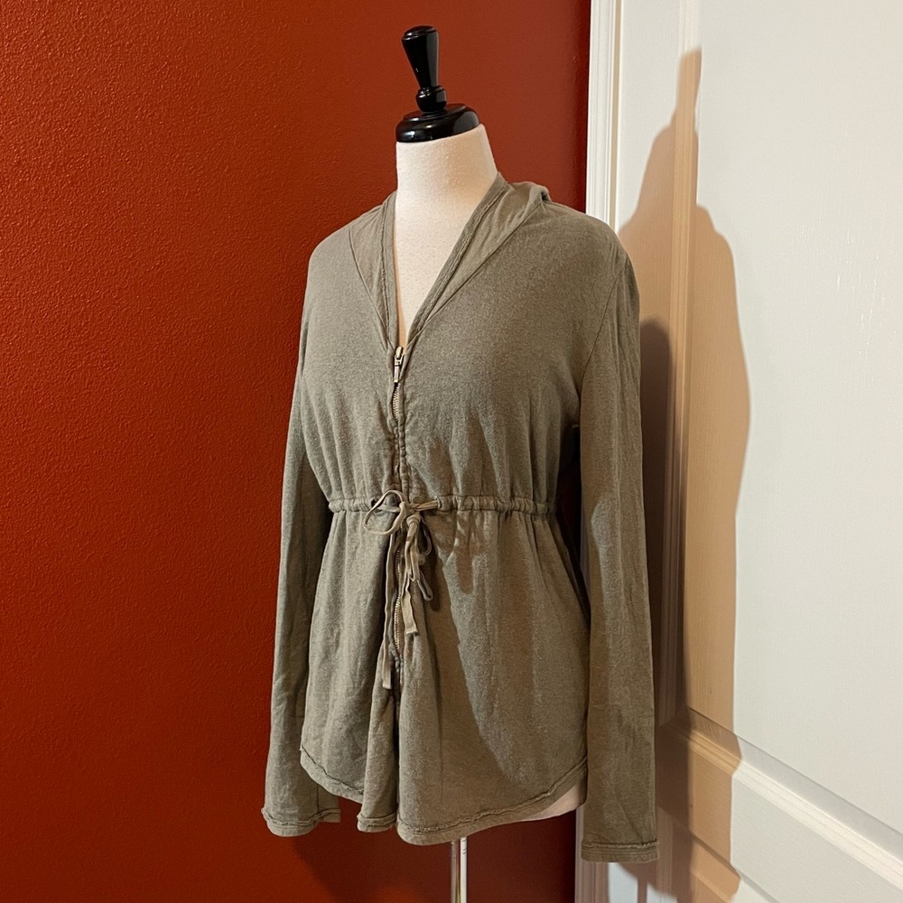 Cut Loose Women’s Green Cinch Waist Lagenlook Full Zip Cotton Hooded Jacket